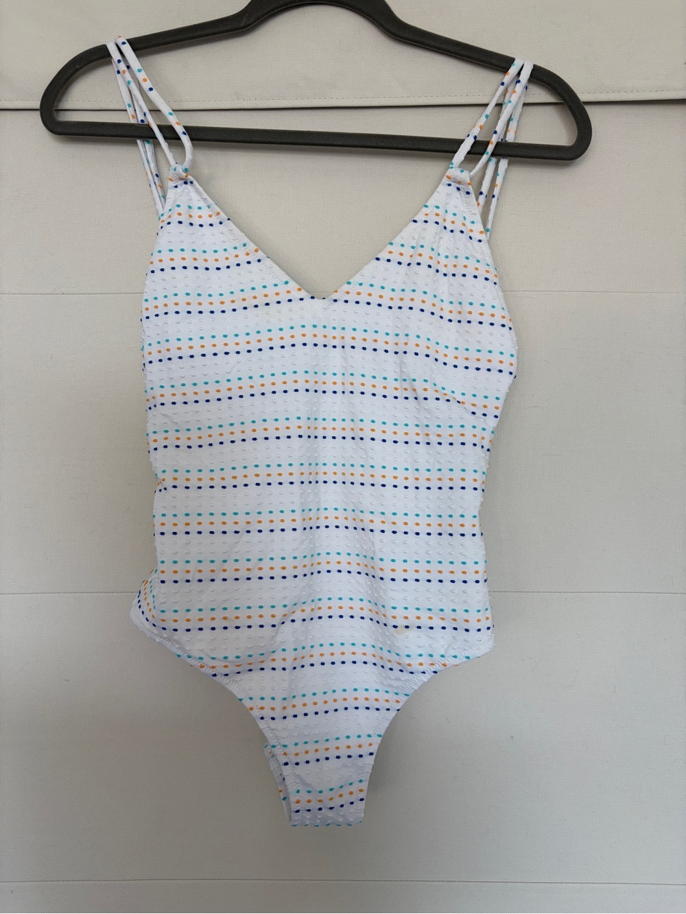 SOLID & STRIPED White One-Piece Swimsuit with Blue and Yellow Dot Stripes